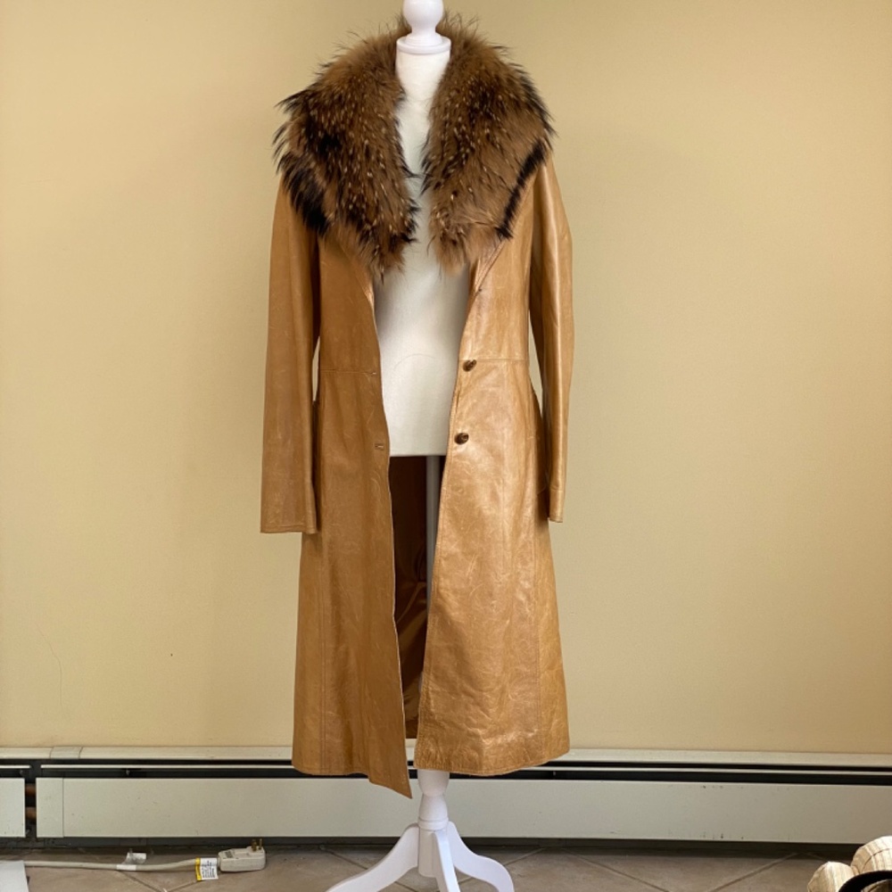 Andrew Marc New York Y2K  leather trench size M real fur detachable collar